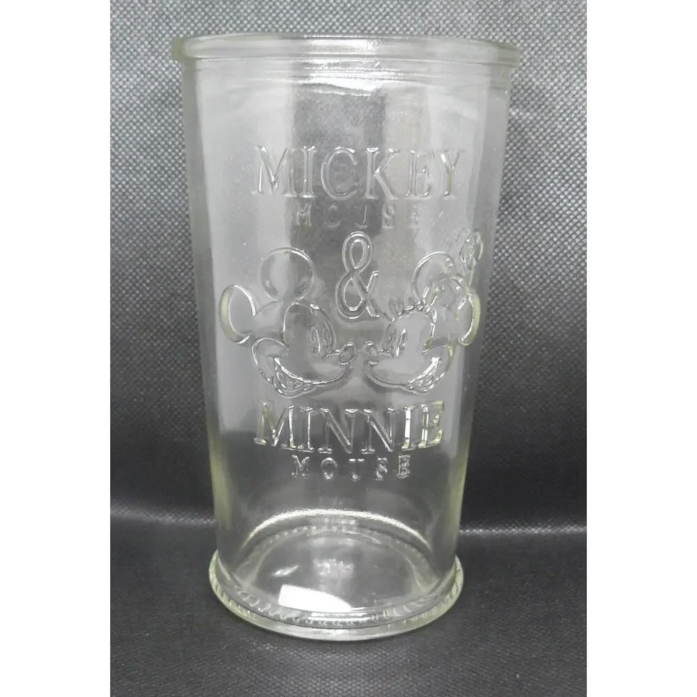 Rare DISNEY Mickey Mouse & Minnie Mouse Clear Drinking Glass 6 in, Marked 1, Vtg